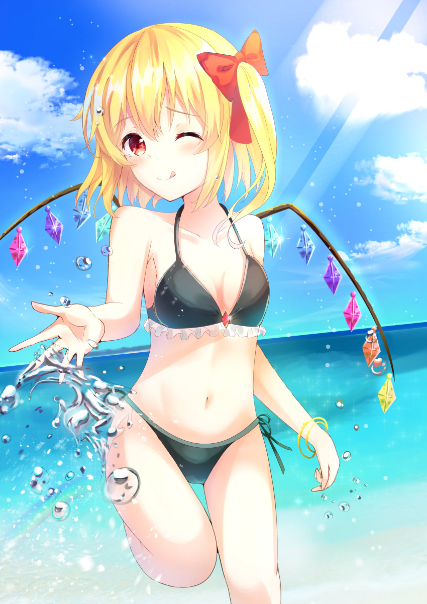 1girl ;q absurdres bikini black_bikini blonde_hair blue_sky clouds cloudy_sky collarbone day eyebrows_visible_through_hair flandre_scarlet frilled_bikini frills highres kofumi_(nxme5555) leg_up light_rays looking_at_viewer ocean one_eye_closed outdoors red_eyes sky smile solo swimsuit tongue tongue_out touhou water wings