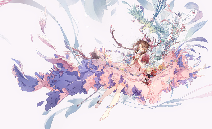 1girl aerith_gainsborough anklet barefoot bird bolo_tie bracelet brown_hair chibi chocobo closed_eyes cloud_strife cropped_jacket dress feathers final_fantasy final_fantasy_vii flower highres jacket jewelry kieta own_hands_together pink_dress praying red_jacket red_xiii simple_background staff toes