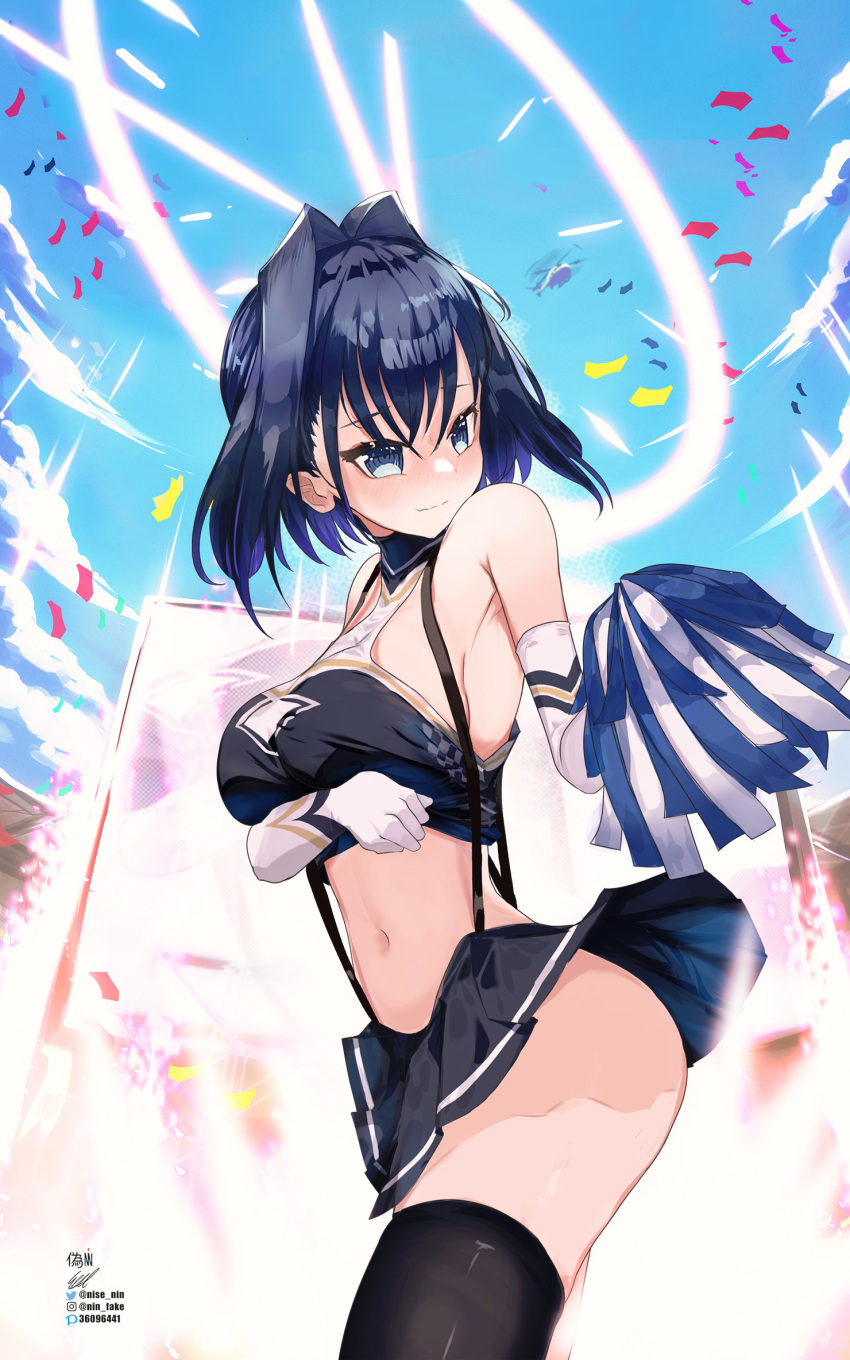 1girl alternate_costume bare_shoulders black_hair black_legwear black_skirt blue_eyes blush breast_hold breasts cheerleader confetti elbow_gloves gloves hair_intakes halo highres holding holding_pom_poms hololive hololive_english looking_at_viewer miniskirt nin_fake ouro_kronii pleated_skirt pom_pom_(cheerleading) short_hair skirt solo suspender_skirt suspenders thigh-highs virtual_youtuber white_gloves