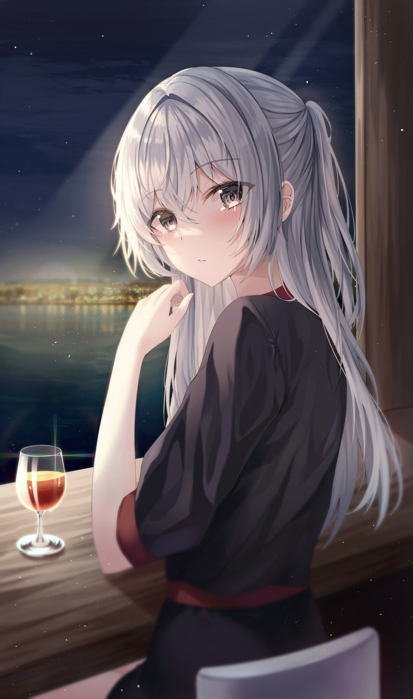 1girl absurdres bangs black_shirt blue_eyes blush city_lights closed_mouth cup expressionless grey_hair hand_up highres indoors long_hair looking_at_viewer looking_back night night_sky original ponytail shirt short_sleeves sitting sky solo table tess_(88884) water window