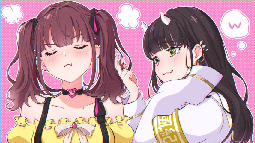 2girls :3 beige_bow black_choker black_hair brown_hair choker collarbone creator_connection ear_piercing fang fang_out frilled_shirt frills green_eyes hair_behind_ear head_tilt highres holding_another's_hair horns indie_virtual_youtuber lee_roha long_hair mugimugigo multiple_girls nijisanji nijisanji_kr off-shoulder_shirt off_shoulder piercing pout shirt sleeves_past_fingers sleeves_past_wrists smile sudama_chitose suspenders twintails virtual_youtuber yellow_shirt