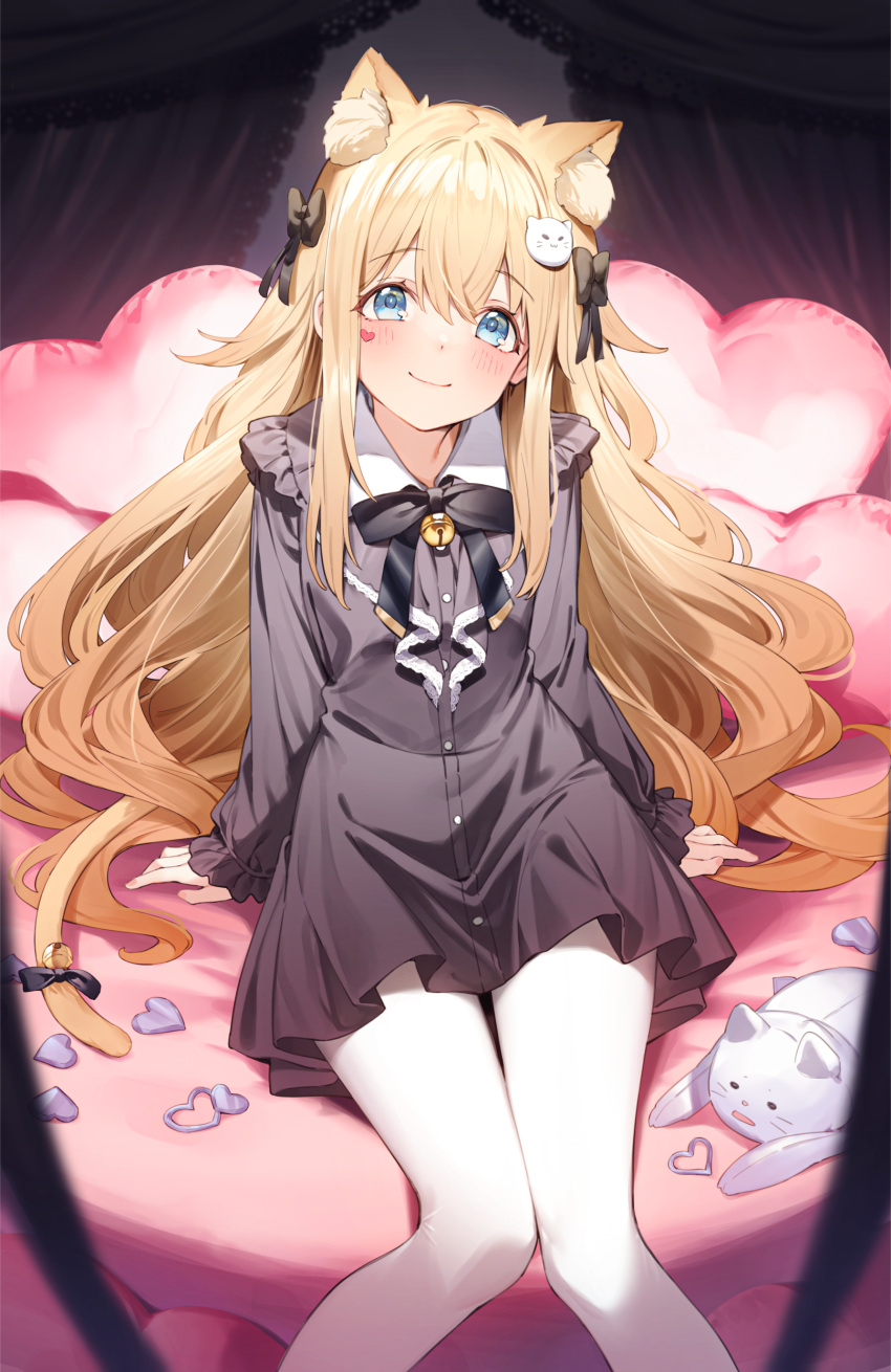 1girl absurdres animal_ear_fluff animal_ears bangs bell black_bow black_bowtie black_dress blonde_hair blue_eyes blush bow bowtie cat_ears cat_hair_ornament closed_mouth dress extra_ears eyebrows_visible_through_hair facial_mark feet_out_of_frame hair_bow hair_ornament heart heart_pillow highres jingle_bell knees_together_feet_apart long_hair long_sleeves looking_at_viewer neck_bell nyum on_bed original pantyhose pillow sitting sleeves_past_wrists smile solo stuffed_animal stuffed_cat stuffed_toy very_long_hair white_legwear