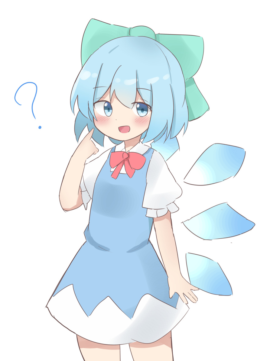 1girl ? bad_id bad_pixiv_id bangs blue_dress blue_eyes blue_hair blush bow bowtie cirno cowboy_shot dress esu_(wgdg3833) eyebrows_visible_through_hair green_bow hair_bow hand_up highres ice ice_wings looking_at_viewer medium_hair open_mouth pointing pointing_at_self puffy_short_sleeves puffy_sleeves red_bow red_bowtie short_sleeves simple_background smile solo standing touhou white_background wings