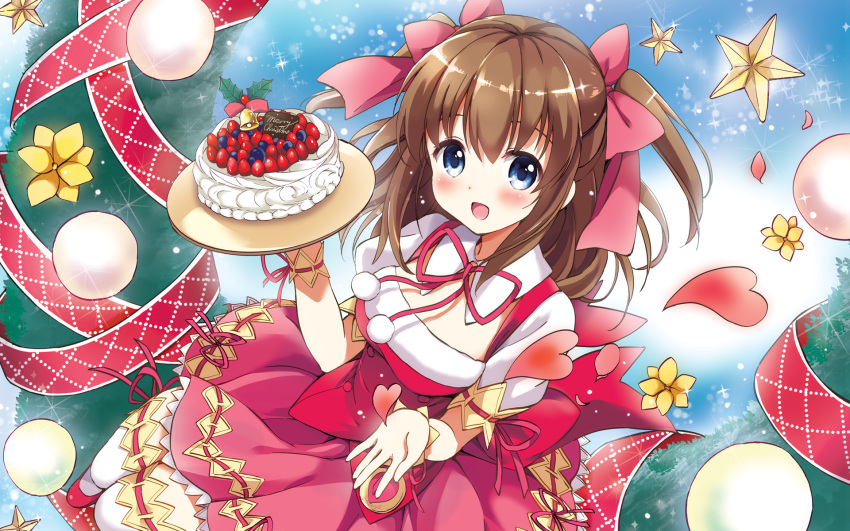 artist_request bell berry's blue_eyes blush brown_hair cake christmas christmas_cake christmas_ornaments dress food fruit highres houkou_yuuka looking_at_viewer open_hand open_mouth red_footwear ribbon_hair smile star_ornament strawberry white_legwear