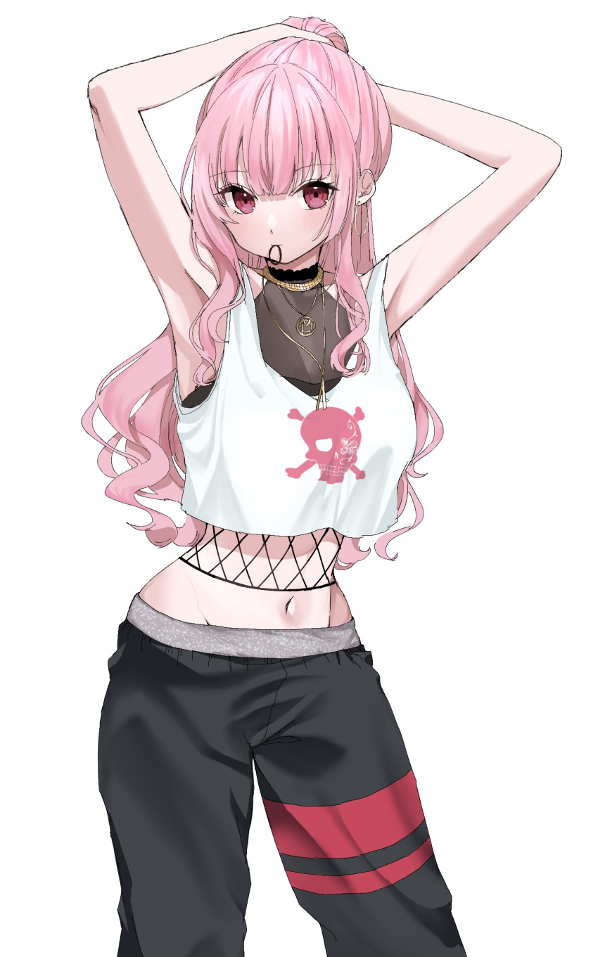 1girl adjusting_hair armpits arms_up black_pants blush breasts closed_mouth commentary cowboy_shot earrings eyebrows_visible_through_hair eyelashes fishnet_top fishnets hair_between_eyes hair_tie_in_mouth half_updo highres hiiragi_kirara hololive hololive_english hoop_earrings jewelry long_hair looking_at_viewer medium_breasts midriff mori_calliope mouth_hold navel necklace official_alternate_costume pants pink_eyes pink_hair ponytail see-through sidelocks simple_background skull_print sleeveless solo standing sweatpants tank_top tying_hair virtual_youtuber wavy_hair white_background white_tank_top