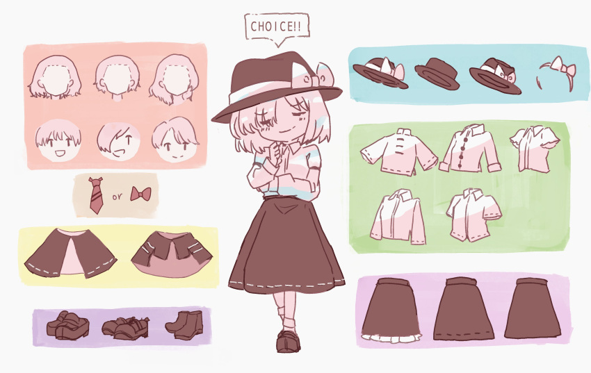 1girl absurdres alternate_costume alternate_hairstyle black_skirt bobby_socks boots bow bowtie capelet chinese_clothes closed_eyes english_text fedora frilled_skirt frills hat hat_ribbon headband highres loafers minus_(sr_mineka) necktie ribbon shirt shoes skirt smile socks t-shirt thinking touhou usami_renko white_shirt