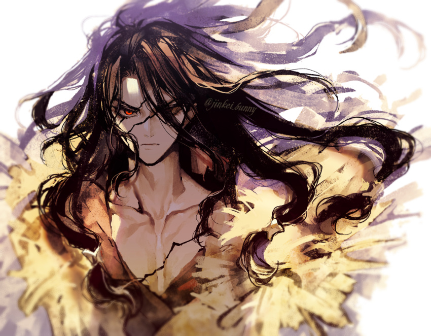 1boy black_hair closed_mouth collarbone dr._stone fur_trim hair_between_eyes koshika_rina long_hair looking_at_viewer male_focus one_eye_covered pectoral_cleavage pectorals red_eyes scar scar_on_face shishiou_tsukasa solo upper_body very_long_hair