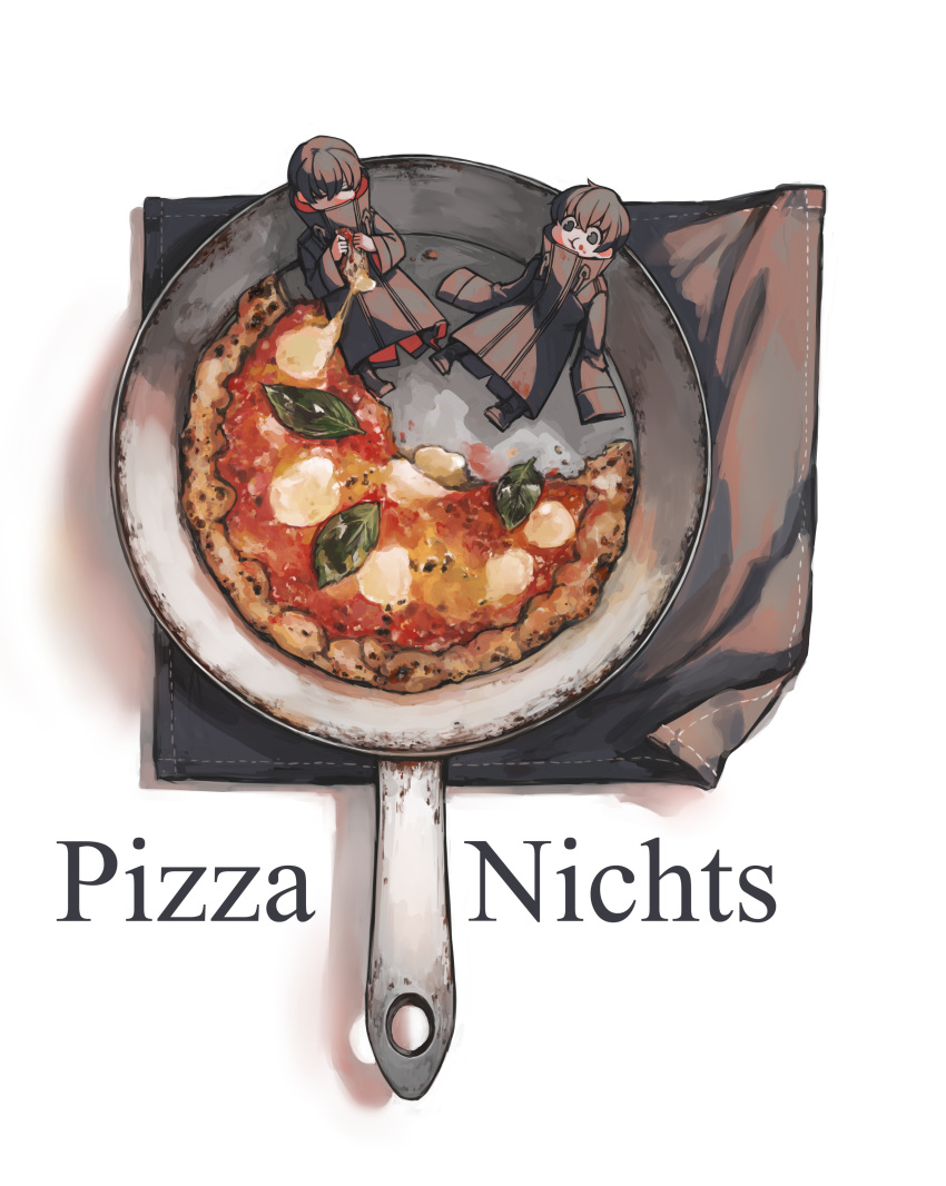 2boys :t absurdres bangs black_coat black_footwear black_hair chewing closed_eyes coat commentary eating fatalbug896 food food_focus food_on_face from_above frying_pan german_text high_heels highres holding holding_food holding_pizza in_food long_sleeves looking_at_viewer male_focus miniboy multiple_boys napkin original pizza shoes short_hair sitting sleeves_past_fingers sleeves_past_wrists stiletto_heels translated turtleneck two-sided_coat two-sided_fabric white_background