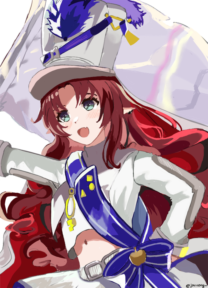 1girl arknights breasts cape fang flag green_eyes hand_on_hip hat highres holding holding_flag instrument jannong long_hair long_sleeves looking_ahead myrtle_(arknights) myrtle_(light_gold_celebration)_(arknights) navel official_alternate_costume open_mouth pointy_ears redhead skin_fang small_breasts smile stomach twitter_username white_cape white_flag white_headwear