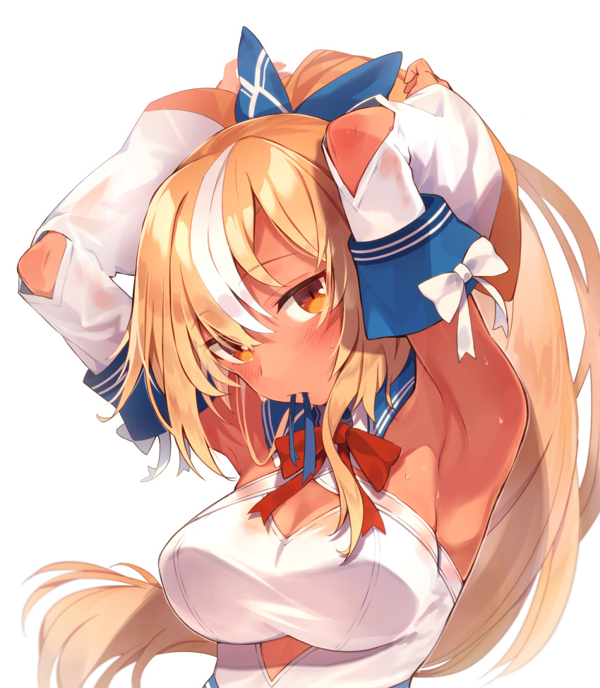 1girl absurdres armpits arms_up bangs blonde_hair blue_ribbon blush bow bowtie breasts brown_eyes commentary_request dark-skinned_female dark_skin deany detached_sleeves eyebrows_visible_through_hair highres hololive large_breasts long_hair long_sleeves looking_at_viewer mouth_hold multicolored_hair ponytail red_bow red_bowtie ribbon ribbon_in_mouth shiranui_flare shirt simple_background sleeveless sleeveless_shirt solo streaked_hair tying_hair virtual_youtuber white_background white_hair white_shirt