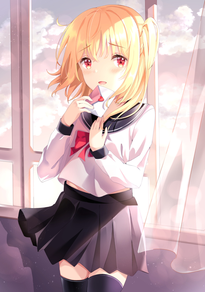 1girl alternate_costume black_legwear blonde_hair blue_sailor_collar blue_skirt blush bow bowtie breasts clouds cloudy_sky cowboy_shot envelope eyebrows_visible_through_hair flandre_scarlet highres holding holding_letter indoors kofumi_(nxme5555) letter long_sleeves looking_at_viewer love_letter medium_hair open_mouth pleated_skirt red_bow red_bowtie red_eyes sailor_collar sailor_shirt school_uniform serafuku shirt side_ponytail skirt sky small_breasts solo standing thigh-highs touhou white_curtains white_shirt window zettai_ryouiki