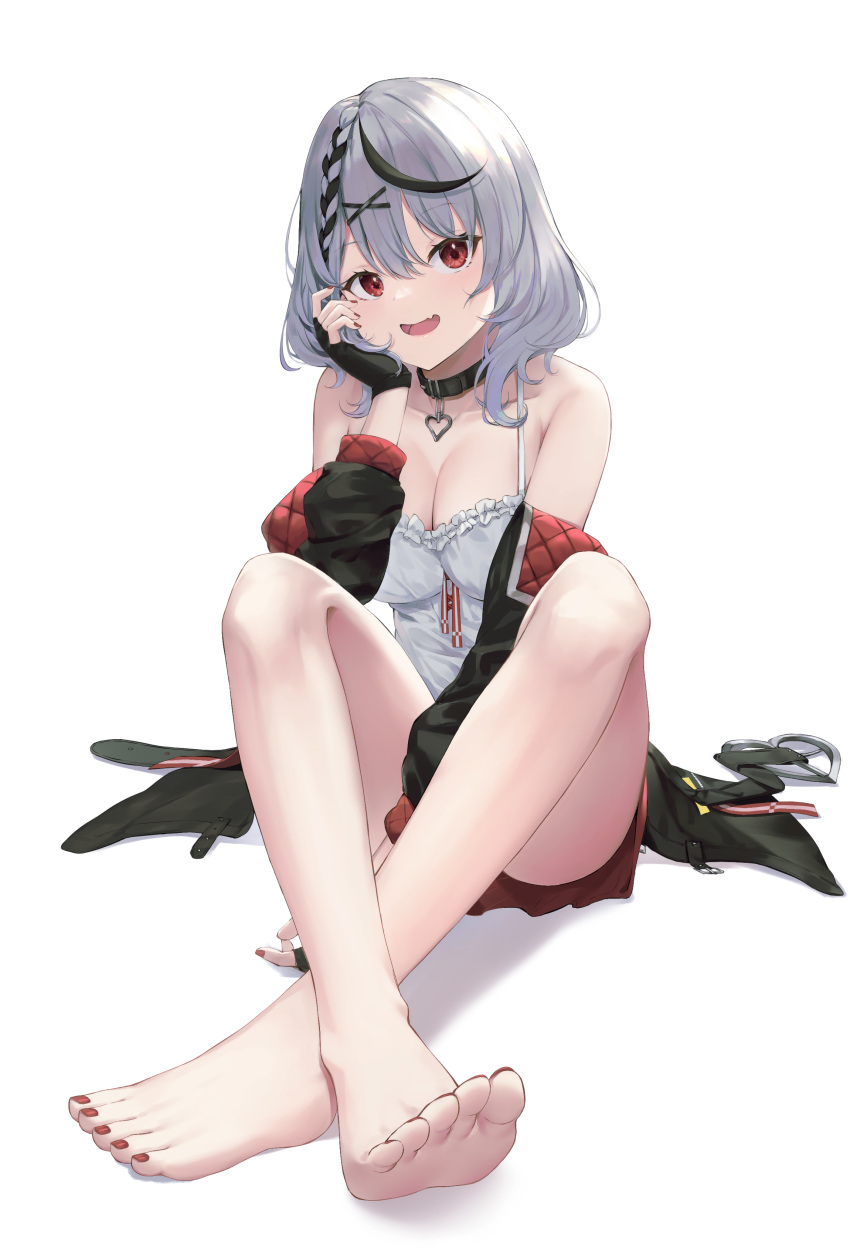 1girl :d absurdres bare_shoulders between_legs black_gloves black_hair braid breasts collarbone commentary_request fang fingerless_gloves frilled_shirt frills full_body gloves hair_ornament hand_between_legs head_rest heart_collar highres hololive jacket large_breasts looking_at_viewer multicolored_hair nail_polish off_shoulder red_nails sakamata_chloe shirt silver_hair simple_background sitting skin_fang smile solo stoner08 streaked_hair toenail_polish toenails virtual_youtuber white_background white_shirt x_hair_ornament