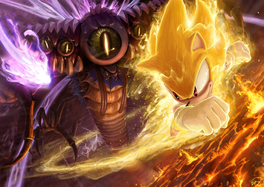 1boy aura battle claws closed_mouth dark_gaia extra_eyes flying gloves highres molten_rock monster official_style rasein red_eyes serious slit_pupils sonic_(series) sonic_the_hedgehog sonic_world_adventure super_sonic white_gloves