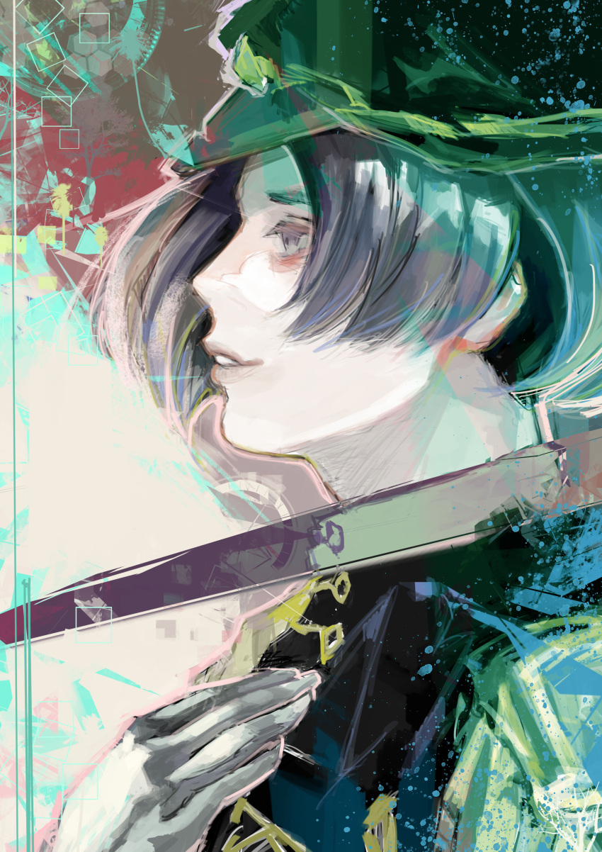 1girl absurdres bangs black_jacket brown_background brown_gloves from_side gloves green_headwear grey_background hand_up highres jacket kanae_von_rosewald kyuuba_melo military military_uniform multicolored_background pale_skin parted_lips profile shiny shiny_hair smile solo teeth tokyo_ghoul tokyo_ghoul:re uniform