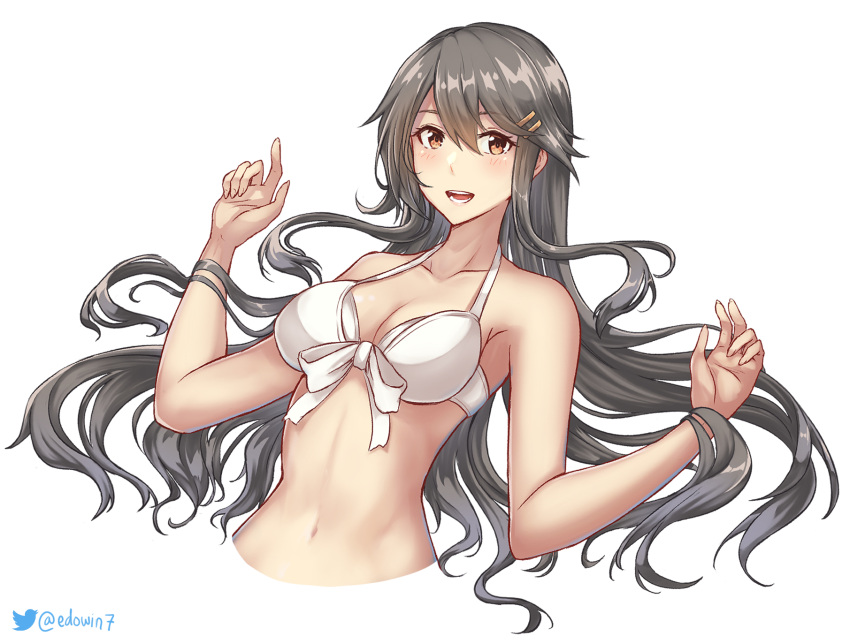 1girl bikini breasts brown_eyes collarbone edwin_(cyberdark_impacts) grey_hair hair_ornament hairclip haruna_(kancolle) highres kantai_collection long_hair medium_breasts navel official_alternate_costume sidelocks solo swimsuit upper_body white_bikini