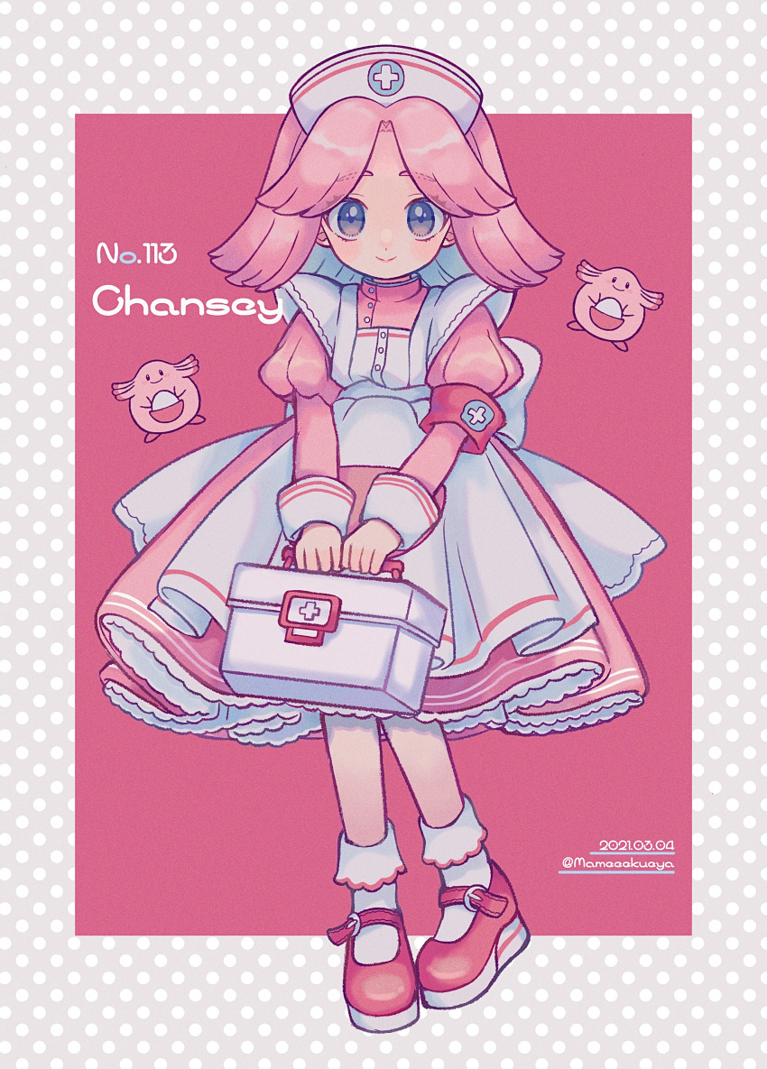 1girl absurdres artist_name bangs blush box chansey character_name closed_mouth creature_and_personification dated dress eyebrows_visible_through_hair frills grey_eyes hat highres holding holding_box long_hair long_sleeves mameeekueya nurse nurse_cap parted_bangs pigeon-toed pink_hair pokedex_number pokemon shiny shiny_hair shoes smile socks white_headwear white_legwear