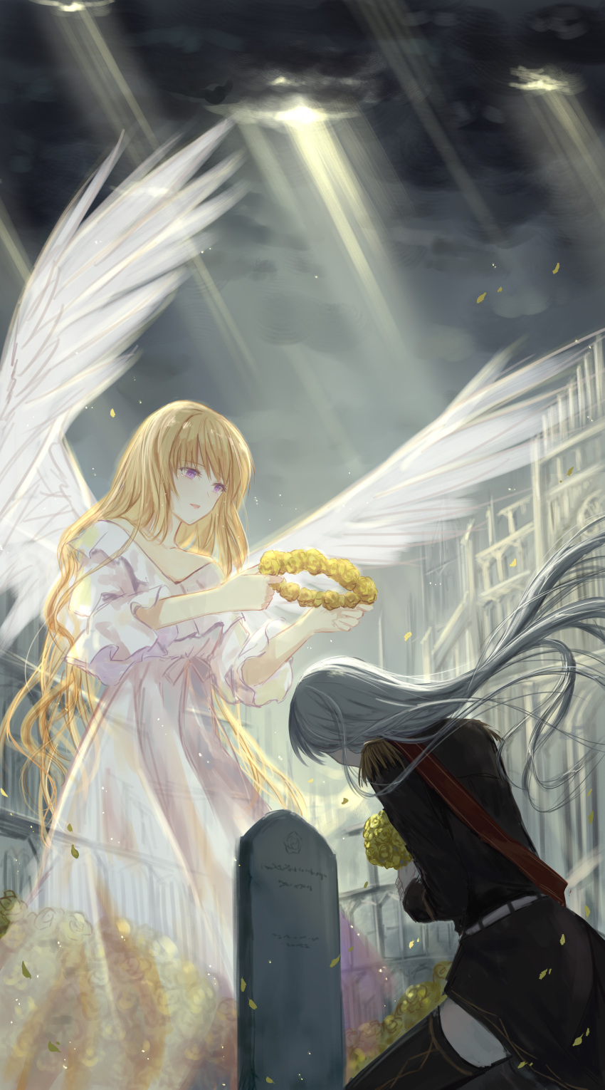 2girls absurdres angel angel_wings bangs black_legwear blonde_hair bouquet breasts building church clouds cloudy_sky coat dress eyebrows_behind_hair eyebrows_visible_through_hair feathered_wings flower grave highres holding holding_bouquet holding_flower holding_wreath kneeling long_hair looking_at_another military military_uniform multiple_girls original silver_hair sky smile sunlight thigh-highs tombstone uniform wings wreath xing_muhen