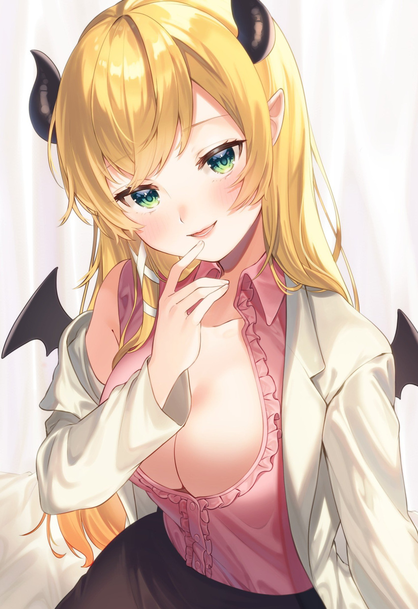 1girl bangs blonde_hair blush breasts center_frills collared_shirt commentary_request demon_girl demon_horns demon_wings eyebrows_visible_through_hair finger_to_mouth frills green_eyes hand_up highres hiyorou hololive horns labcoat large_breasts long_hair long_sleeves looking_at_viewer off_shoulder parted_lips pink_shirt shirt sleeveless sleeveless_shirt smile solo very_long_hair virtual_youtuber wings yuzuki_choco