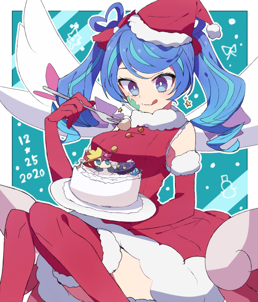 1girl :q alternate_costume aqua_hair bangs blue_angel blue_eyes blue_hair bright_pupils cake christmas closed_mouth commentary dated dress earrings elbow_gloves facial_mark food fork fur-trimmed_dress fur-trimmed_legwear fur_collar fur_trim gloves hair_ribbon hat heart_hair highres holding holding_fork holding_plate jewelry multicolored_hair nanashiba_(banntlla) outline outside_border plate red_dress red_gloves red_headwear red_legwear red_ribbon ribbon santa_dress santa_gloves santa_hat sitting sleeveless sleeveless_dress smile solo star_(symbol) star_earrings streaked_hair swept_bangs thigh-highs tongue tongue_out twintails white_outline white_pupils wings yu-gi-oh! yu-gi-oh!_vrains yuu-gi-ou yuu-gi-ou_vrains zaizen_aoi