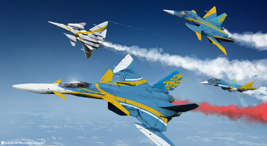 absurdres aircraft airplane blue_sky canards clouds commentary contrail english_commentary fighter_jet fleet flying highres jet military military_vehicle original pilot realistic science_fiction signature sky thrusters uzuki_(artist)