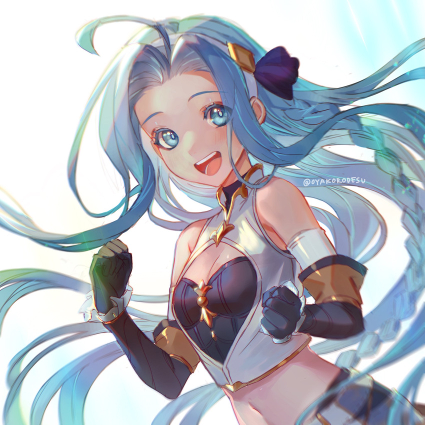 1girl armlet bare_shoulders blue_eyes blue_hair blurry blush braid commentary day english_commentary granblue_fantasy hair_ornament highres long_hair looking_at_viewer lyria_(granblue_fantasy) oyakorodesu scrunchie smile solo upper_body very_long_hair wrist_scrunchie