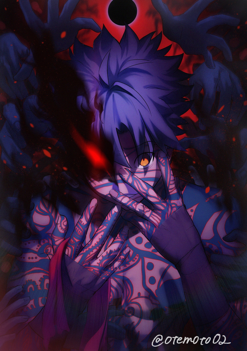 1boy absurdres angra_mainyu_(fate) dark-skinned_male dark_skin fate/grand_order fate/hollow_ataraxia fate_(series) fire flame full-body_tattoo hands hands_on_own_face highres looking_at_viewer male_focus moto_(otemoto02) one_eye_covered open_mouth purple_hair short_hair solo tattoo yellow_eyes