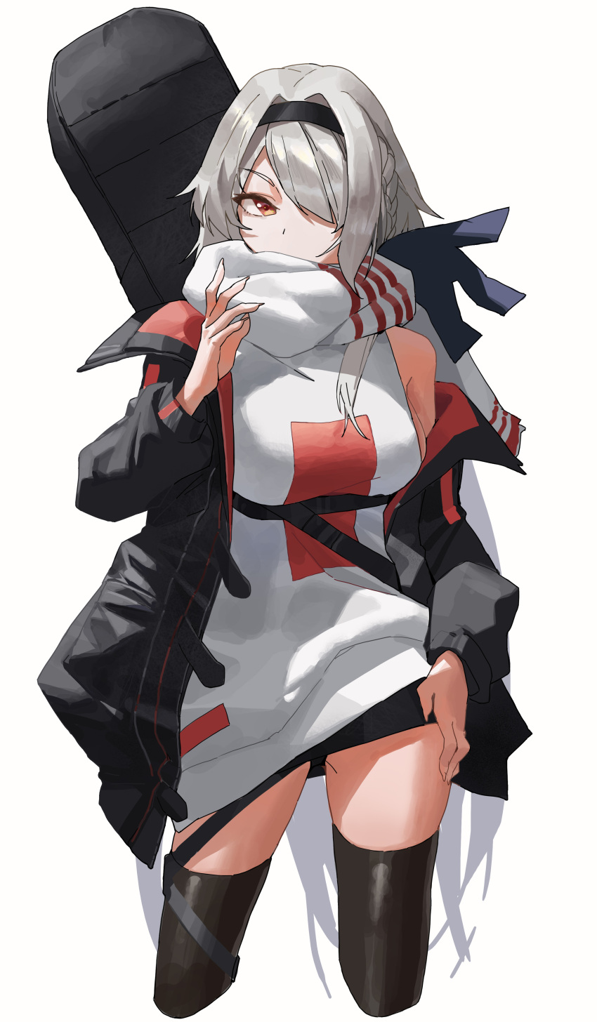 1girl absurdres azur_lane black_coat black_hairband black_legwear braid breasts coat colorado_(azur_lane) colorado_(traveling_melody)_(azur_lane) eyebrows_visible_through_hair grey_hair guitar_case hairband highres instrument_case instrument_on_back l.j. long_hair looking_at_viewer medium_breasts official_alternate_costume open_clothes open_coat red_eyes scarf scarf_over_mouth side_braid simple_background standing sweater thigh-highs very_long_hair white_background white_scarf white_sweater