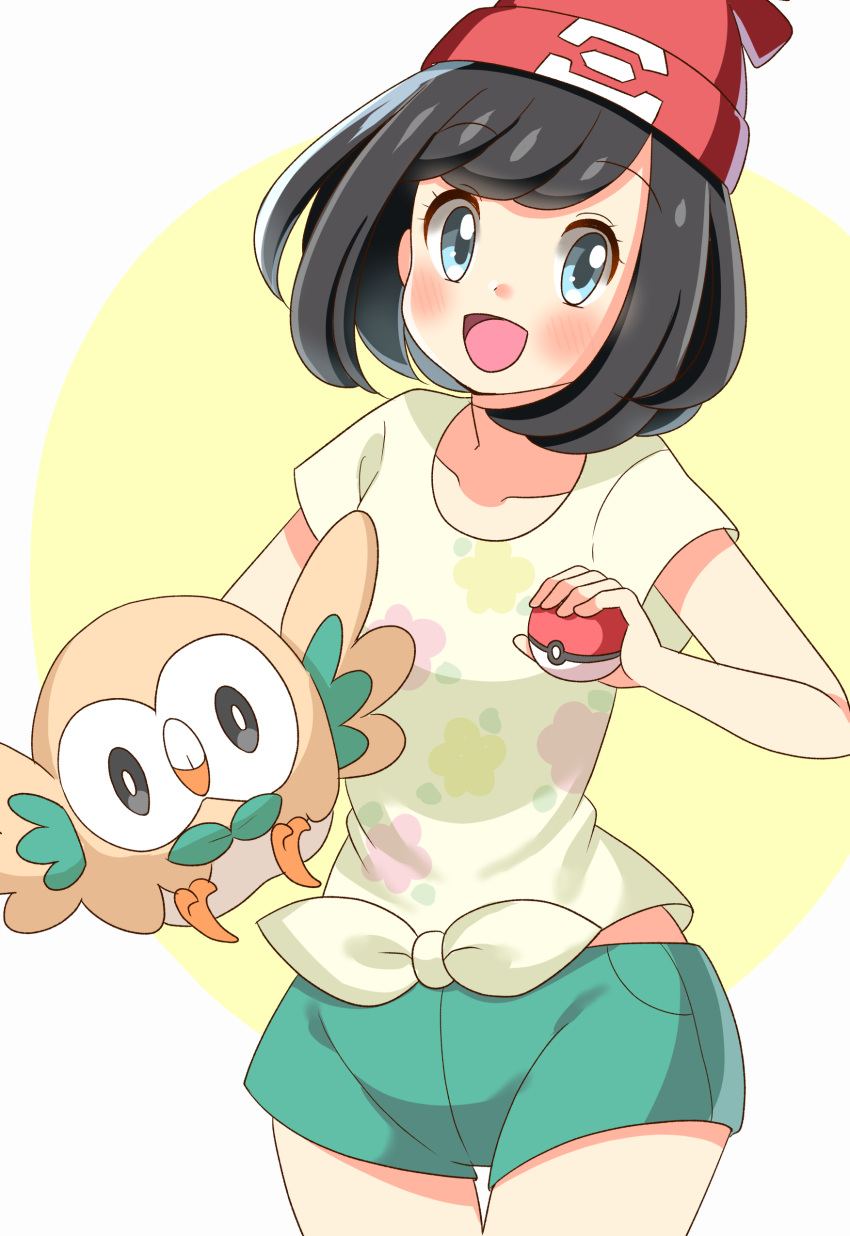 1girl :d absurdres arisu_(mikannjs) bangs beanie blue_eyes blush collarbone commentary_request eyebrows_visible_through_hair eyelashes floral_print green_shorts hat highres holding holding_poke_ball looking_at_viewer open_mouth poke_ball poke_ball_(basic) pokemon pokemon_(creature) pokemon_(game) pokemon_sm red_headwear rowlet selene_(pokemon) shirt short_shorts short_sleeves shorts smile t-shirt tied_shirt tongue