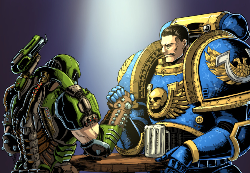 2boys adeptus_astartes arm_wrestling armor beer_mug biceps black_hair blue_armor brown_eyes captain_titus clenched_teeth commentary_request crossover cup doom_(series) doomguy english_commentary gauntlets green_armor looking_at_another male_focus manly mixed-language_commentary mug multiple_boys muscular muscular_male pauldrons power_armor praetor_suit science_fiction short_hair shoulder_armor shoulder_cannon substance20 teeth ultramarines very_short_hair warhammer_40k