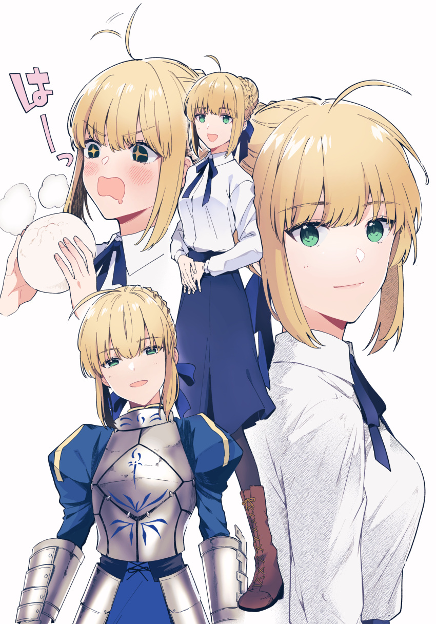 1girl absurdres armor armored_dress artoria_pendragon_(fate) baozi blonde_hair blouse blue_dress blue_ribbon blue_skirt cowboy_shot dress drooling eating fate/grand_order fate/stay_night fate_(series) food full_body green_eyes hair_bun highres long_hair multiple_views neck_ribbon nuso ribbon saber simple_background skirt upper_body white_background