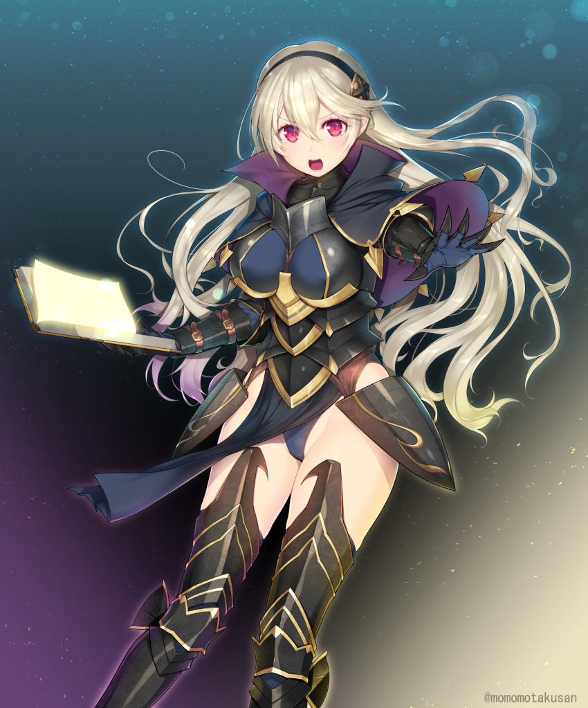 1girl armor armored_boots armored_dress black_capelet black_legwear black_leotard blonde_hair blue_background blurry bokeh book boots breastplate breasts capelet clawed_gauntlets commentary corrin_(fire_emblem) depth_of_field eyebrows_visible_through_hair feet_out_of_frame fire_emblem fire_emblem_fates floating_hair gauntlets groin hair_between_eyes hairband highleg highleg_leotard highres holding holding_book kashiwamochi_yomogi leotard leotard_under_clothes light_particles long_hair looking_at_viewer medium_breasts open_book open_hand open_mouth outstretched_arm outstretched_hand pelvic_curtain purple_background red_eyes solo thigh-highs thigh_boots thighs twitter_username v-shaped_eyebrows yellow_background