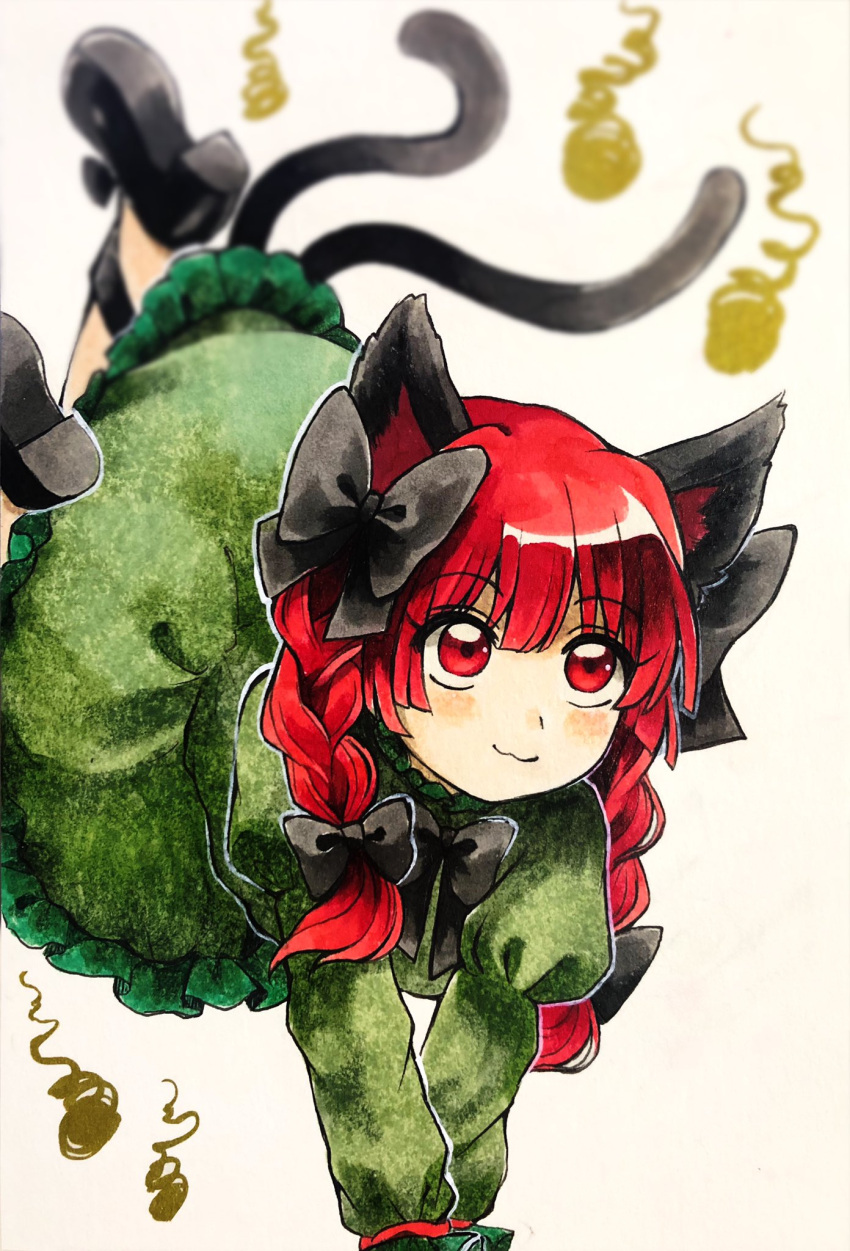 1girl :3 animal_ears black_bow blurry blush bow braid cat_ears cat_tail depth_of_field dress green_dress handstand highres hitodama jumping kaenbyou_rin leg_ribbon maa_(forsythia1729) mary_janes multiple_tails nekomata paper puffy_sleeves red_eyes redhead ribbon shoes smile solo tail touhou traditional_media twin_braids two_tails white_background