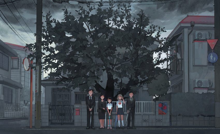 1other 2boys 3girls air_conditioner bag balcony black_eyes black_footwear black_hair black_necktie black_neckwear black_skirt blonde_hair blue_umbrella bow bush closed_mouth door family fence formal gate grey_hair grey_sky grey_theme grey_umbrella hair_ornament hairclip hand_in_pocket handbag highres holding holding_umbrella house jewelry kumomachi looking_at_viewer mailbox_(incoming_mail) mirror mole mole_under_eye multiple_boys multiple_girls necklace necktie original outdoors pearl_necklace pink_footwear poster_(object) red_bow red_necktie road_sign scenery school_uniform short_hair shorts sign skirt standing suit tree umbrella uniform utility_pole white_umbrella