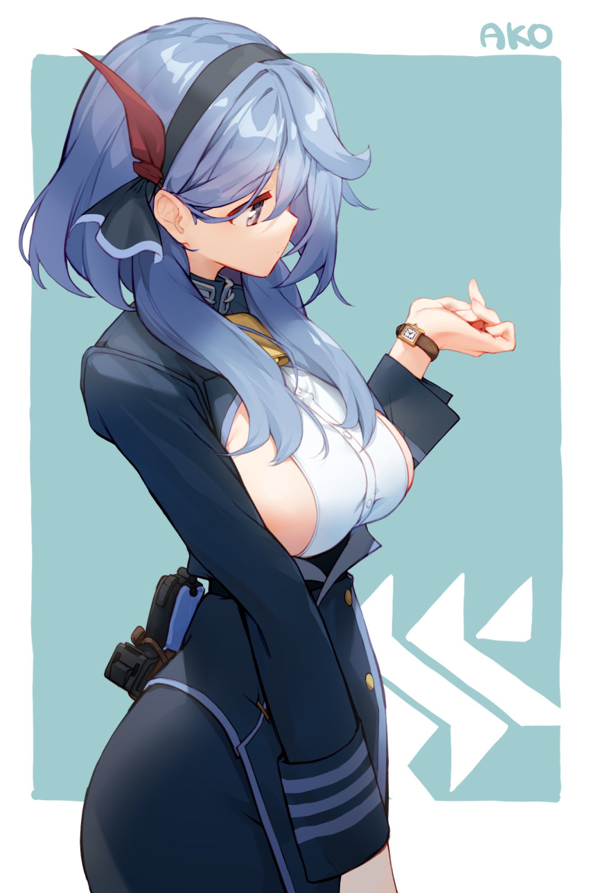 1girl ako_(blue_archive) bell blue_archive blue_background blue_eyes blue_hair blue_headband blue_jacket blue_skirt breasts character_name checking_watch cowbell gun handgun headband highres holstered_weapon jacket large_breasts long_sleeves outside_border shirt short_hair_with_long_locks sideboob skirt solo tai_(e3d1p) weapon white_shirt