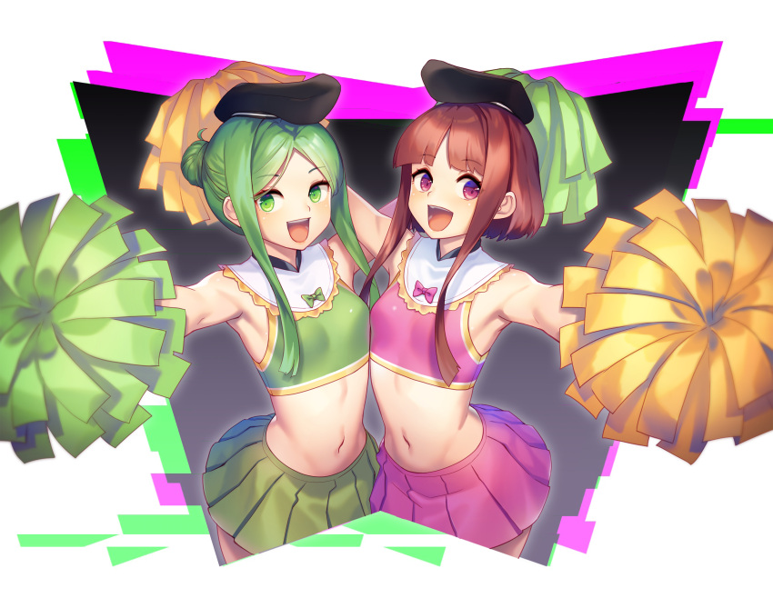 2girls :d adapted_costume armpits arms_up bangs bare_shoulders black_headwear bow breasts brown_hair crop_top eyebrows_visible_through_hair green_bow green_eyes green_hair green_skirt hair_bun hat highres holding long_hair looking_at_viewer miniskirt multiple_girls navel nishida_satono open_mouth outstretched_arms parted_bangs pink_bow pink_skirt pleated_skirt pom_pom_(cheerleading) short_hair_with_long_locks sidelocks skirt small_breasts smile stomach tarmo teireida_mai touhou violet_eyes