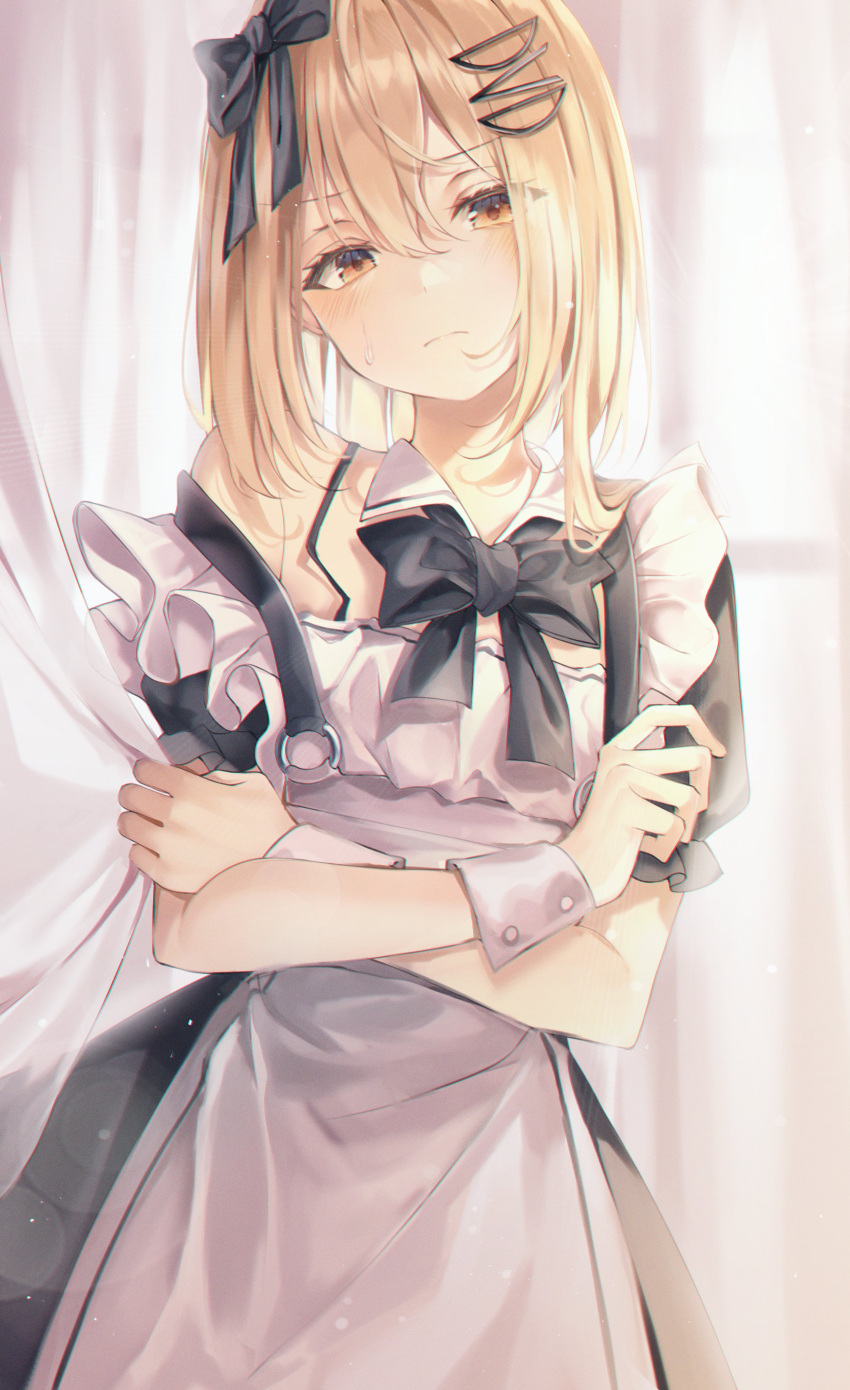 1girl absurdres apron bangs black_bow black_bowtie black_dress blonde_hair blush bow bowtie closed_mouth commentary cowboy_shot crossed_arms curtain_grab curtains detached_collar dress duyu eyebrows_visible_through_hair eyes_visible_through_hair frown hair_between_eyes hair_bow hair_ornament highres looking_at_viewer maid maid_apron medium_hair off_shoulder original short_sleeves solo symbol-only_commentary white_apron wrist_cuffs yellow_eyes