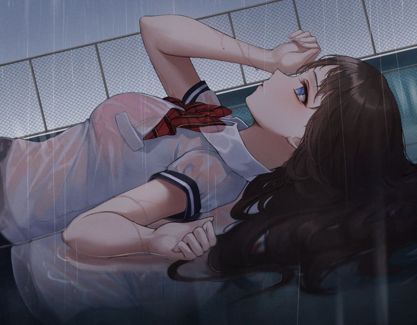 1girl ame_816 bangs black_hair blue_eyes bra breasts chain-link_fence collared_shirt fence large_breasts long_hair lying on_back original outdoors pink_bra rain reflection reflective_water school school_uniform see-through shirt short_sleeves solo underwear uniform wet wet_clothes white_shirt