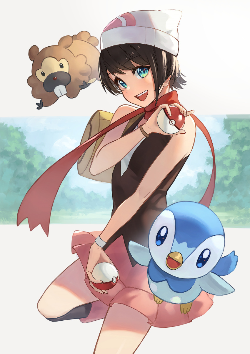 1girl absurdres bag bangs bare_shoulders beanie bidoof blush eyebrows_visible_through_hair green_eyes hara_kenshi hat highres hikari_(pokemon) hololive long_scarf looking_at_viewer oozora_subaru open_mouth pink_skirt piplup poke_ball pokemon pokemon_(game) pokemon_dppt scarf short_hair skirt sleeveless smile teeth virtual_youtuber