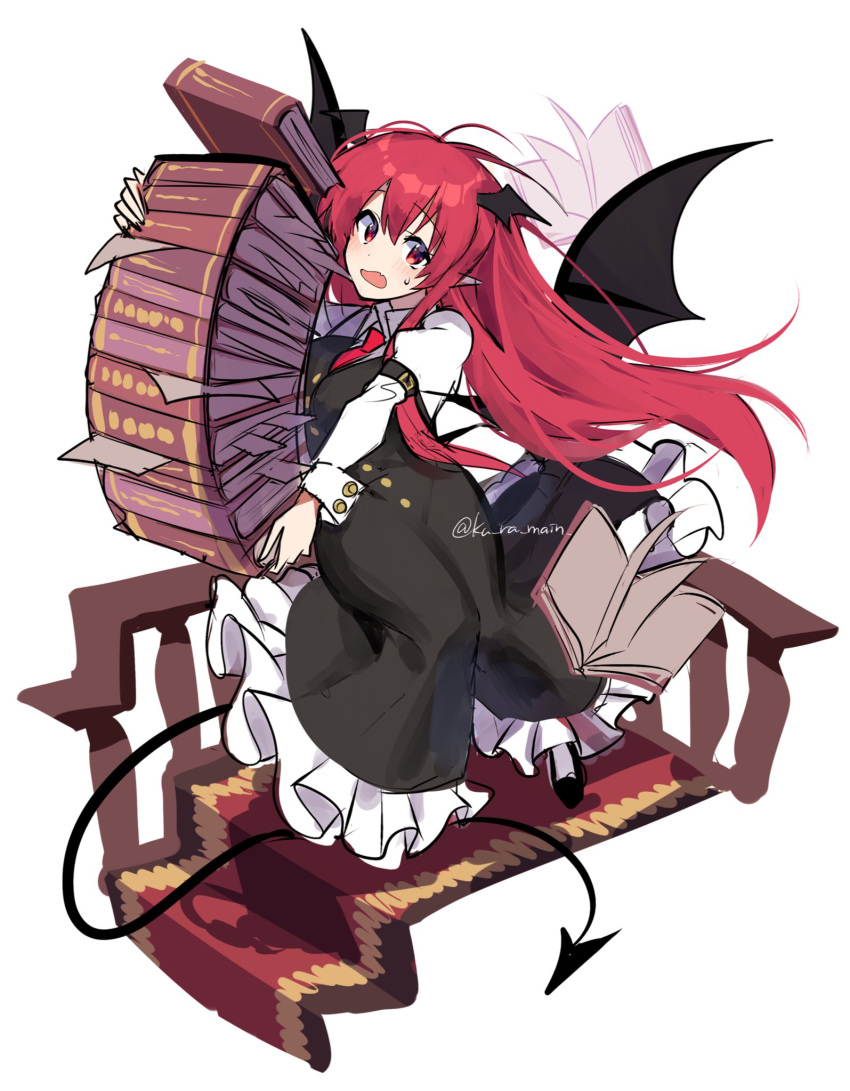 1girl :o ahoge arm_belt bat_wings black_dress black_footwear blush book book_stack bookmark breasts buttons collared_shirt demon_tail demon_wings dot_nose dress dress_shirt dropping eyebrows_visible_through_hair fang frilled_dress frills full_body hair_between_eyes head_tilt head_wings highres holding holding_book juliet_sleeves koakuma kuroshirase layered_clothing long_hair long_sleeves long_tail looking_to_the_side low_wings medium_breasts necktie open_book paper pointy_ears puffy_sleeves railing red_eyes red_necktie redhead shirt sidelocks simple_background sketch skin_fang sleeve_cuffs solo stairs sweatdrop tail too_many too_many_books touhou twitter_username very_long_hair white_background white_shirt wings
