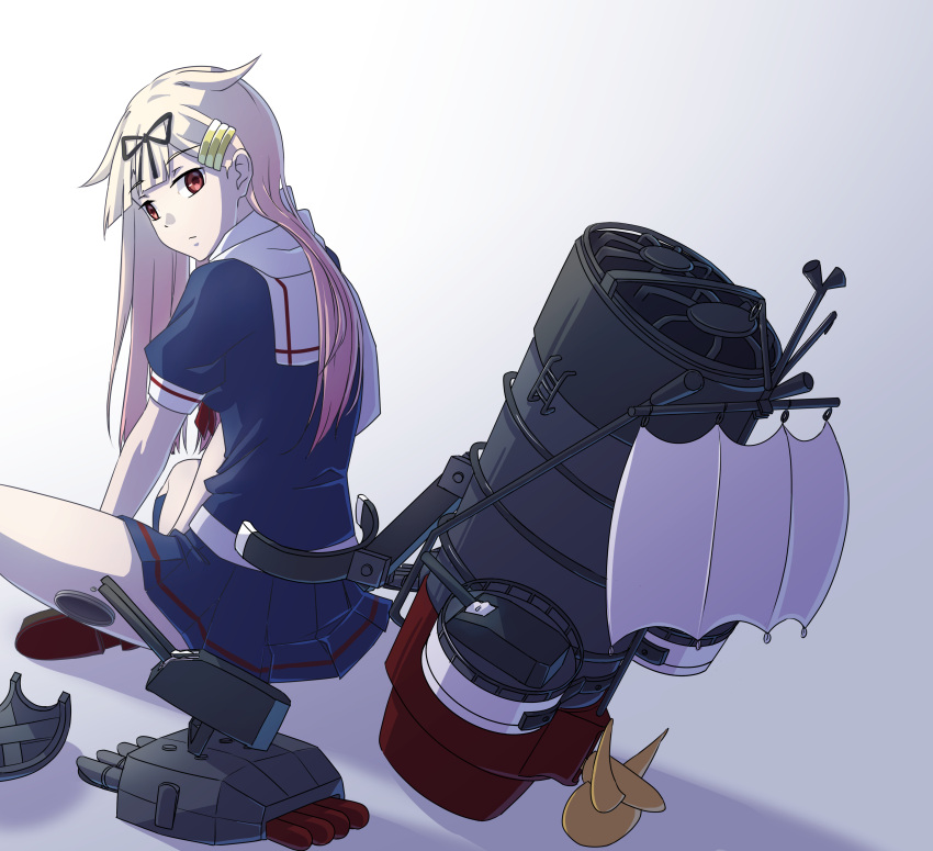 1girl absurdres adapted_turret anya_(artist) black_ribbon black_serafuku black_shirt black_skirt blonde_hair cannon gradient_hair hair_flaps hair_ornament hair_ribbon hairclip highres kantai_collection miniskirt multicolored_hair pink_hair pleated_skirt propeller red_eyes remodel_(kantai_collection) ribbon rigging sail scarf school_uniform serafuku shirt short_sleeves sitting skirt smokestack solo torpedo_launcher white_scarf yuudachi_(kancolle)