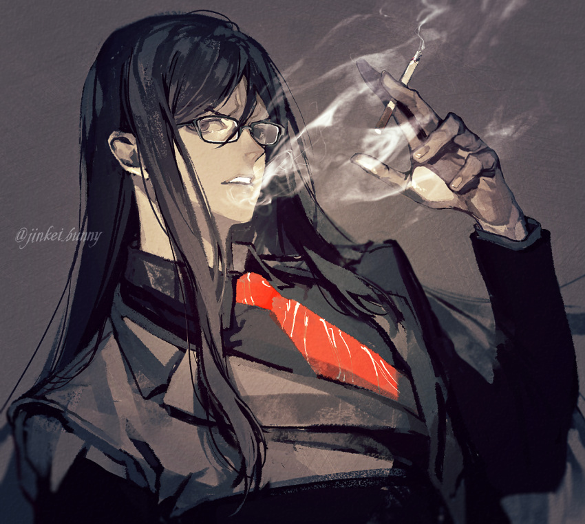 1boy bangs bespectacled black_hair cigarette fate/grand_order fate/zero fate_(series) glasses green_eyes hair_between_eyes koshika_rina long_hair looking_at_viewer lord_el-melloi_ii male_focus necktie open_mouth red_necktie smoking solo waver_velvet zhuge_liang