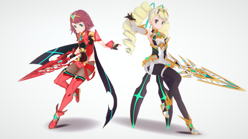 2girls 3d aegis_sword_(xenoblade) artist_request big_hair cosplay drill_hair green_eyes highres long_hair luna_platz_(mega_man) mega_man_(series) mega_man_star_force multiple_girls mythra_(xenoblade) pyra_(xenoblade) redhead short_hair shorts simple_background sonia_strumm_(mega_man) source_request super_smash_bros. thigh_strap tiara twin_drills twintails white_background white_footwear xenoblade_chronicles_(series) xenoblade_chronicles_2