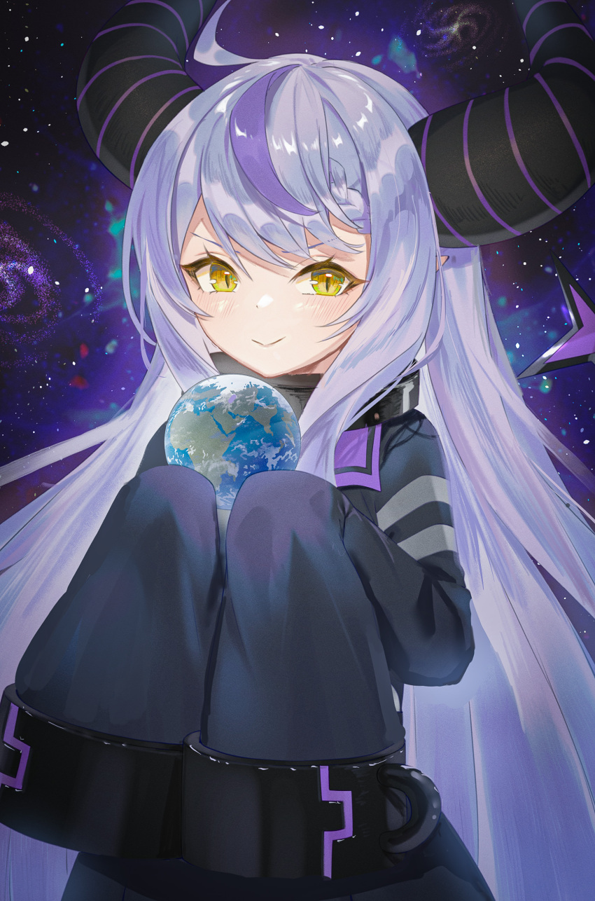 1girl :&gt; absurdres ahoge closed_mouth commentary_request demon_horns earth_(planet) giant giantess highres hololive horns hoshikani la+_darknesss long_hair looking_at_viewer multicolored_hair planet pointy_ears purple_hair sleeves_past_fingers sleeves_past_wrists slit_pupils space streaked_hair striped_horns v-shaped_eyebrows very_long_hair virtual_youtuber yellow_eyes