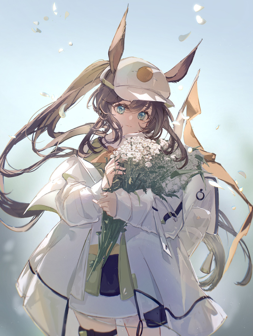 1girl absurdres amiya_(arknights) amiya_(planter)_(arknights) arknights baseball_cap blue_eyes blurry blurry_background bouquet brown_hair closed_mouth coat commentary cowboy_shot day dress ears_through_headwear eyebrows_visible_through_hair eyelashes floating_hair flower green_jacket hair_between_eyes hat highres holding holding_bouquet holding_flower jacket kirrrara light_smile long_hair long_sleeves looking_at_viewer off_shoulder official_alternate_costume open_clothes open_coat outdoors petals ponytail short_dress smile solo thigh_strap white_coat white_dress white_headwear wind