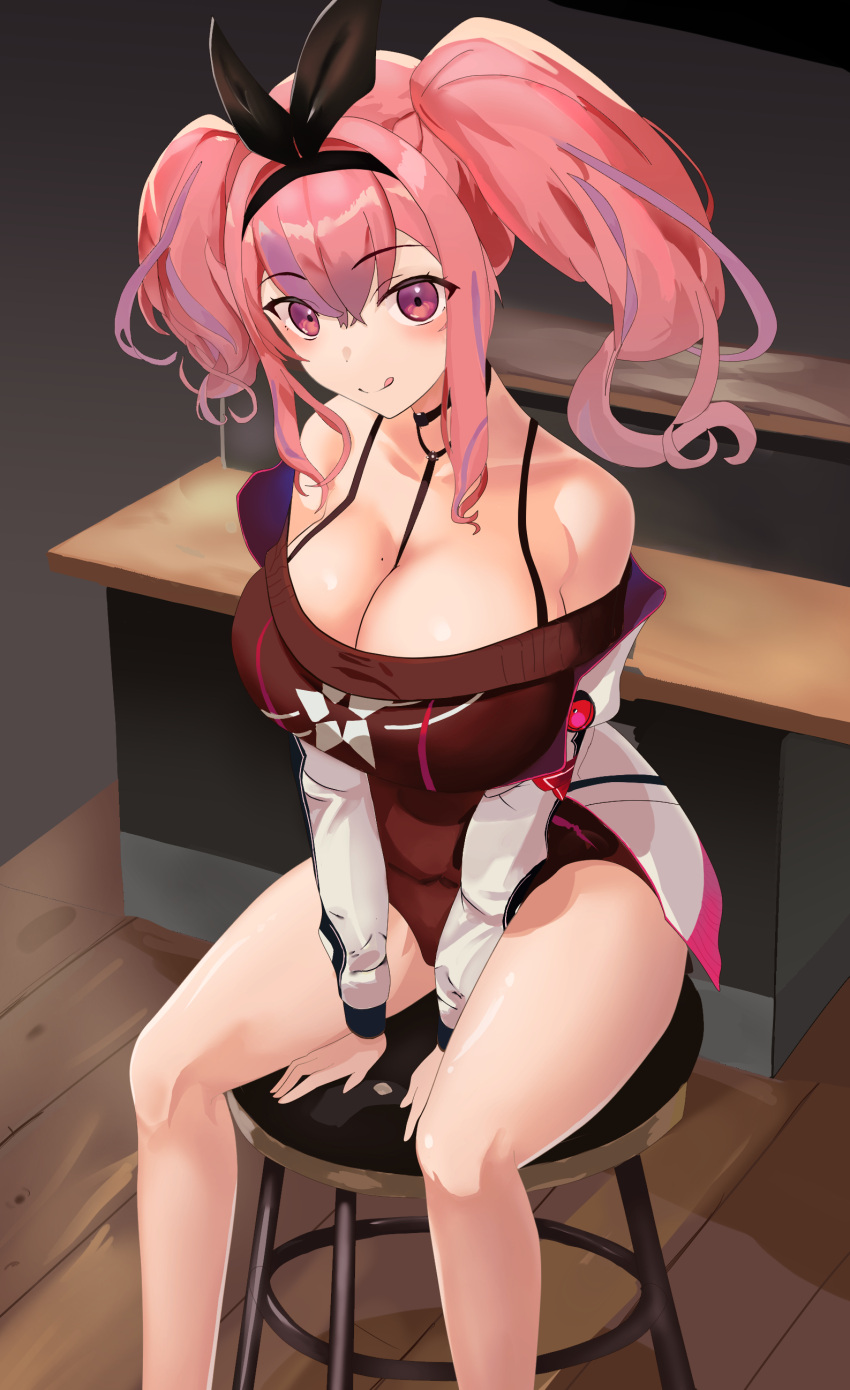 1girl absurdres azur_lane bare_shoulders between_breasts black_choker bra_strap breasts bremerton_(azur_lane) bremerton_(day-off_date)_(azur_lane) brown_sweater choker dress eyebrows_visible_through_hair feet_out_of_frame grey_hair highres indoors jacket large_breasts long_hair looking_at_viewer mole mole_on_breast multicolored_hair off-shoulder_dress off-shoulder_sweater off_shoulder official_alternate_costume open_clothes open_jacket pink_hair sitting solo star_(symbol) star_print strap_between_breasts streaked_hair sweater sweater_dress twintails two-tone_hair vanhot white_jacket wooden_floor