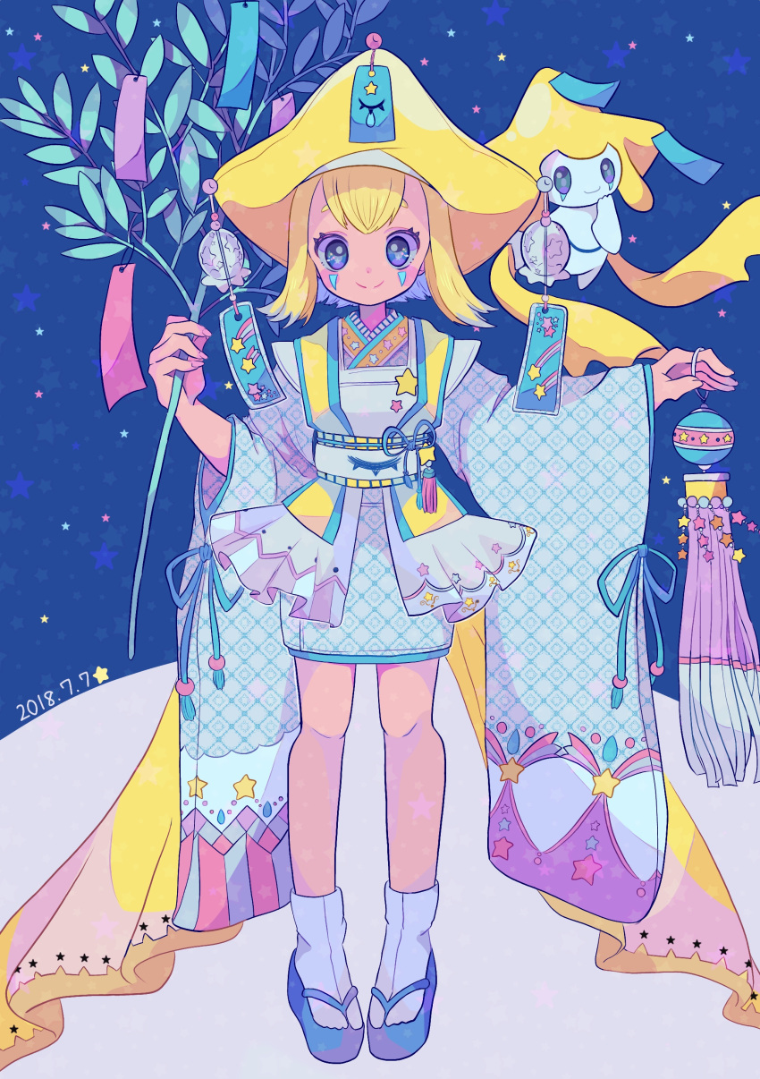 1girl absurdres bangs blonde_hair blue_eyes blush_stickers branch clothing_request colorful creature_and_personification dated full_body hat highres holding japanese_clothes jirachi leaf long_sleeves looking_at_viewer mameeekueya medium_hair obi personification pokemon pokemon_(creature) sash smile standing star_(symbol) tabi tag wide_sleeves zouri