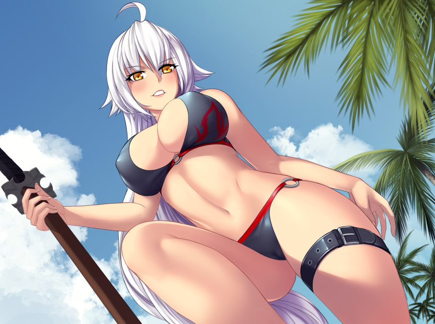 1girl bangs bare_arms bare_legs bare_shoulders belt bikini black_bikini blue_sky breasts clouds coconut_tree covered_nipples eyebrows_behind_hair eyebrows_visible_through_hair fate/grand_order fate_(series) hair_between_eyes highres holding holding_sword holding_weapon jeanne_d'arc_(alter)_(fate) jeanne_d'arc_(alter_swimsuit_berserker)_(fate) jeanne_d'arc_(fate) katana leg_belt long_hair looking_at_viewer looking_down open_mouth palm_tree silver_hair sky smile solo stomach swimsuit sword teeth toniwing tree weapon white_hair yellow_eyes