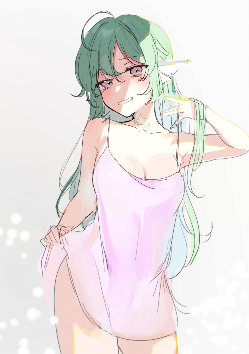 1girl absurdres bangs blush breasts clothes_lift collarbone dress dress_lift english_commentary euphie_vt eyebrows_visible_through_hair finana_ryugu green_hair grey_background hand_in_hair head_fins highres long_hair looking_at_viewer medium_breasts neck_tattoo nijisanji nijisanji_en open_hand purple_dress sketch smile solo tattoo violet_eyes