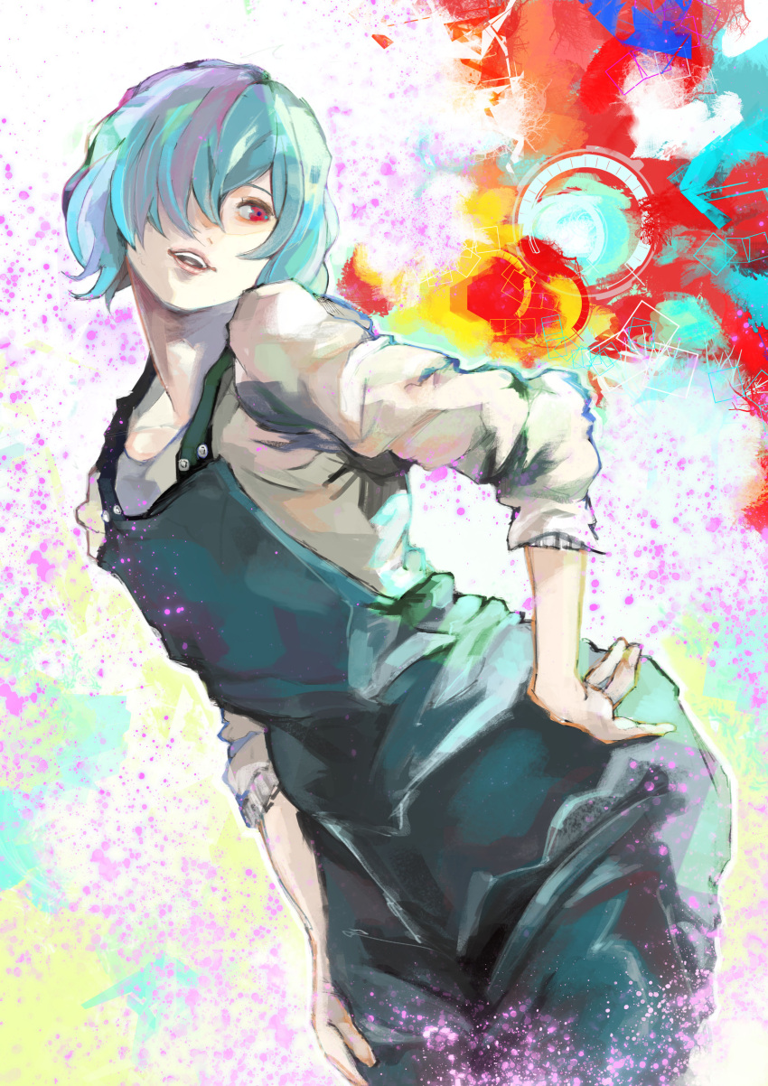 1girl absurdres alternate_hair_color apron bangs black_apron cowboy_shot green_hair grey_shirt hair_over_one_eye hand_on_hip highres kagune_(tokyo_ghoul) kirishima_touka kyuuba_melo leaning_forward long_sleeves multicolored_background official_style open_mouth red_eyes shirt short_hair smile teeth tokyo_ghoul tokyo_ghoul:re upper_teeth