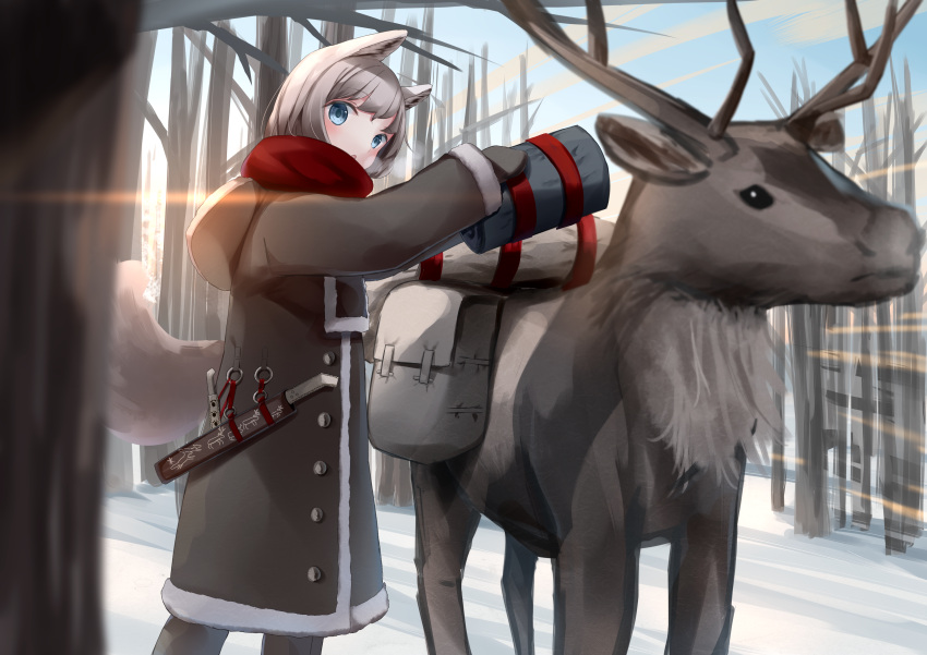 1girl :o absurdres akinakesu-chan animal animal_ear_fluff animal_ears bangs bare_tree black_coat black_mittens black_pants blue_eyes blue_sky blush breath coat commentary_request day eyebrows_visible_through_hair fur-trimmed_coat fur-trimmed_sleeves fur_trim grey_hair highres long_sleeves looking_at_viewer mittens original outdoors pants parted_lips red_scarf reindeer scarf sheath sky sleeves_past_wrists snow solo standing tail tree